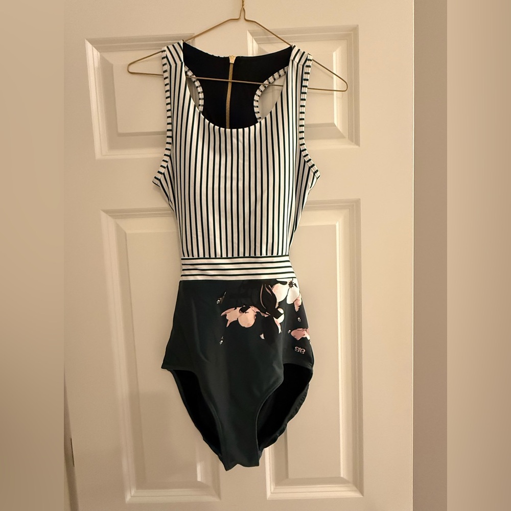 Albion Teal & White Striped Floral Swim Bodysuit